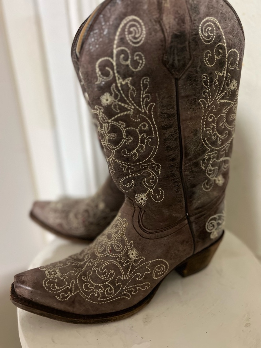 CORRAL Tony Lama Brown Western Embroidered Heeled Boots for teens